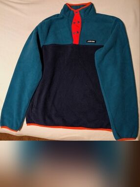 Lands' End Teal and Navy Fleece Pullover with Orange Trim